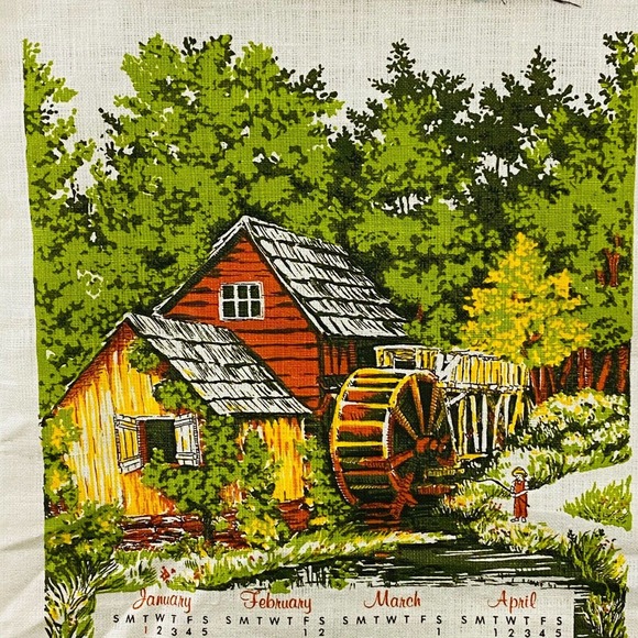 Vintage 1980 Calendar Tea Towel Old Mill Fishing Linen 17x27 For Hanging Display - Picture 2 of 4